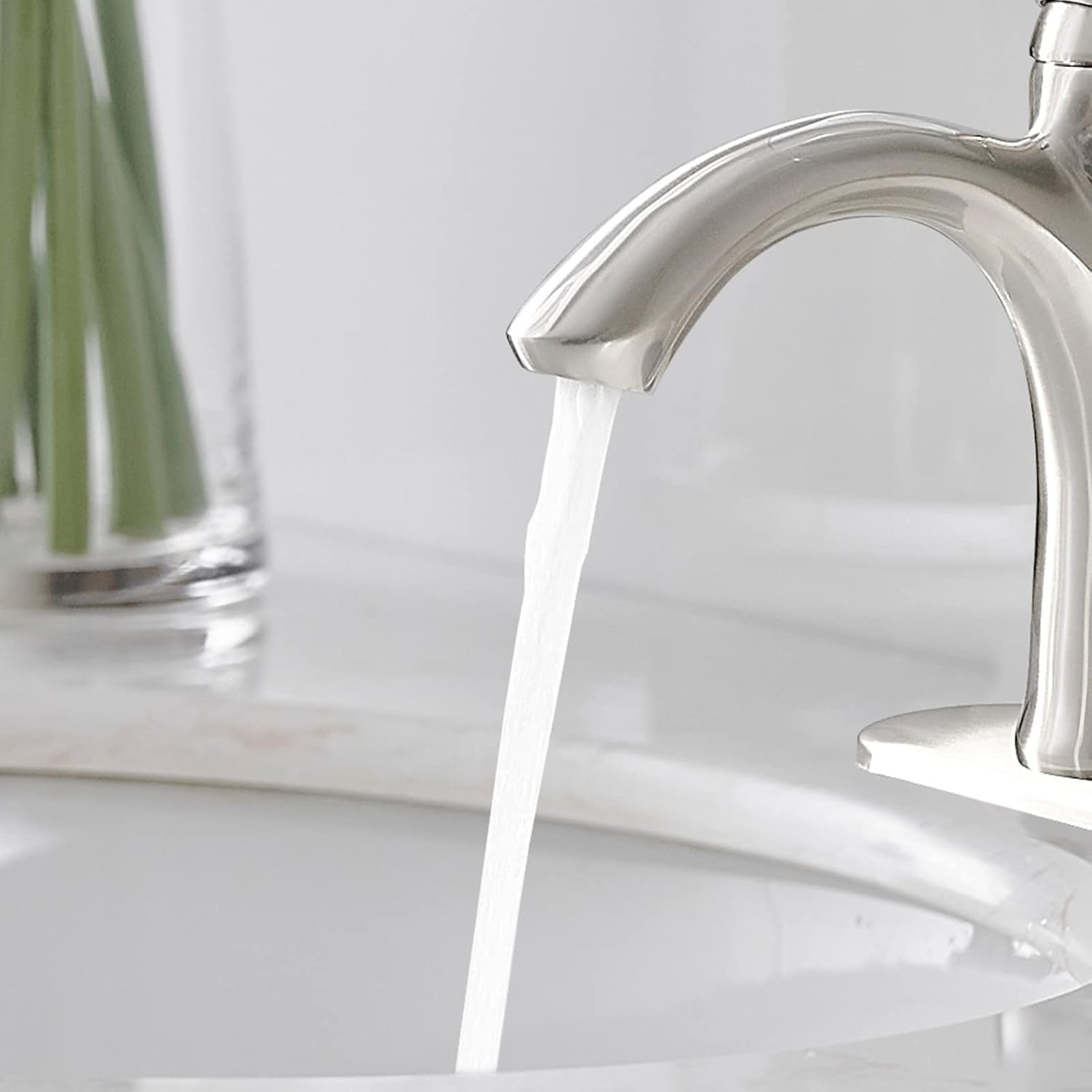 BWE Brushed Nickel Bathroom Faucet Single Handle Bathroom Sink Faucet One Hole with Pop Up Drain Assembly and Supply Lines Commercial Vanity Restroom Lavatory Mixer Tap