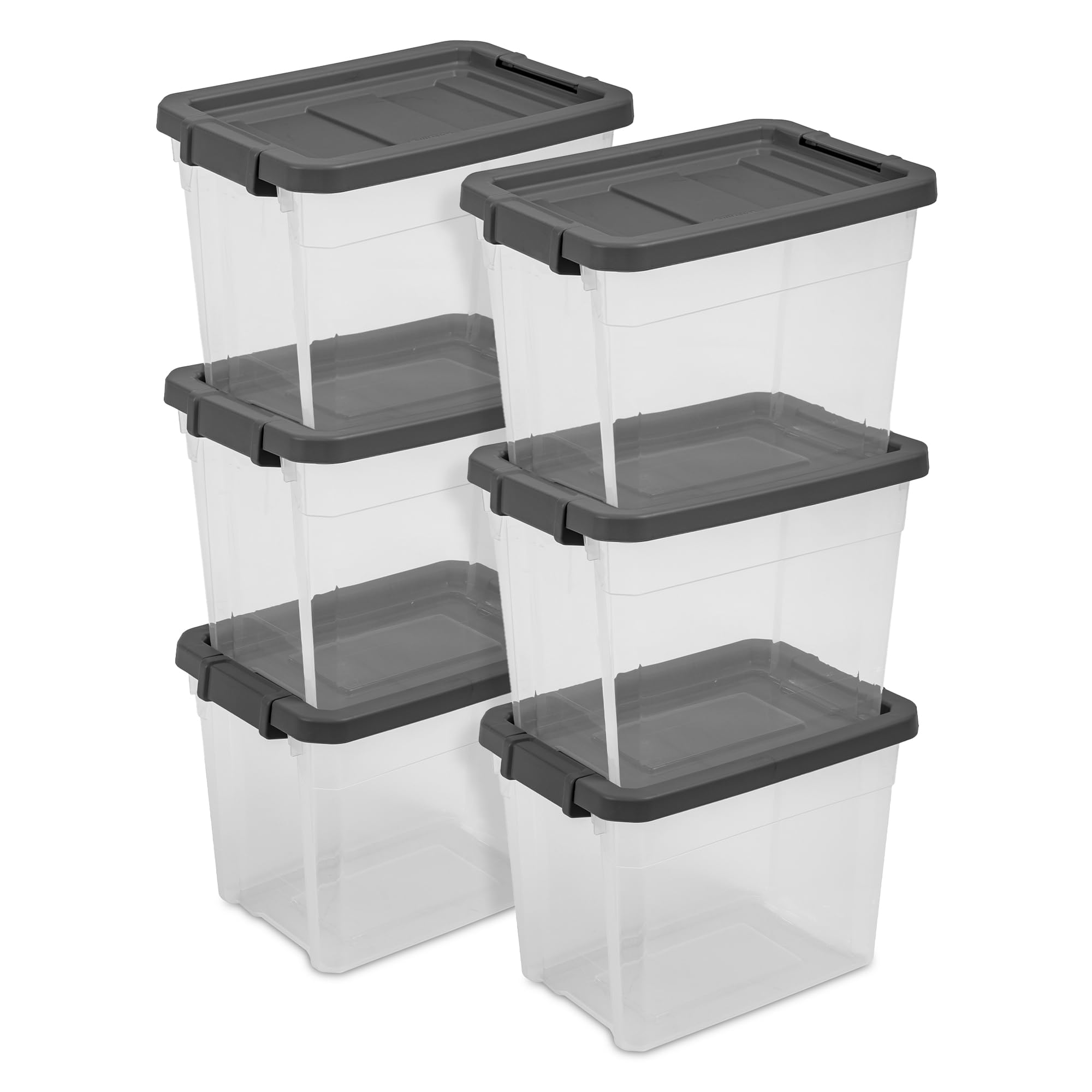 Sterilite 6-Pack Modular Stacker Box, Durable Clear Plastic Storage Bins with Latching Lids, 30 Quart - Stackable Organizing Container Boxes for Closet, Bathroom, and Office