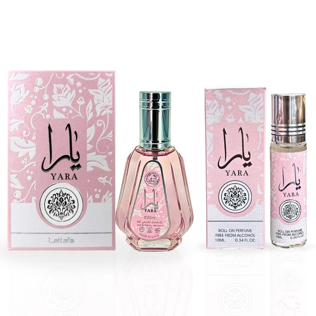 Lattafa Yara EDP Spray 50ML (1.7 OZ) & Yara Roll-On Perfume Oil CPO - 10ML (0.34 OZ) – Long Lasting Floral Fragrance for Women – Majestic Scent Bundle