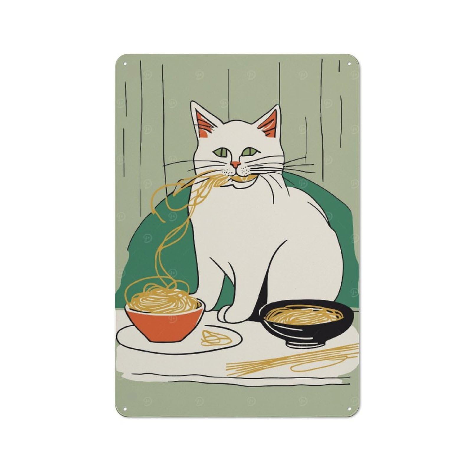 Junmoney Style-18 Tin Wall Plaque 30X20cm With Pasta Lover Funny Cat Art For Home Office Or Studio, New Home Wall Decor For Home Office Decor Fans