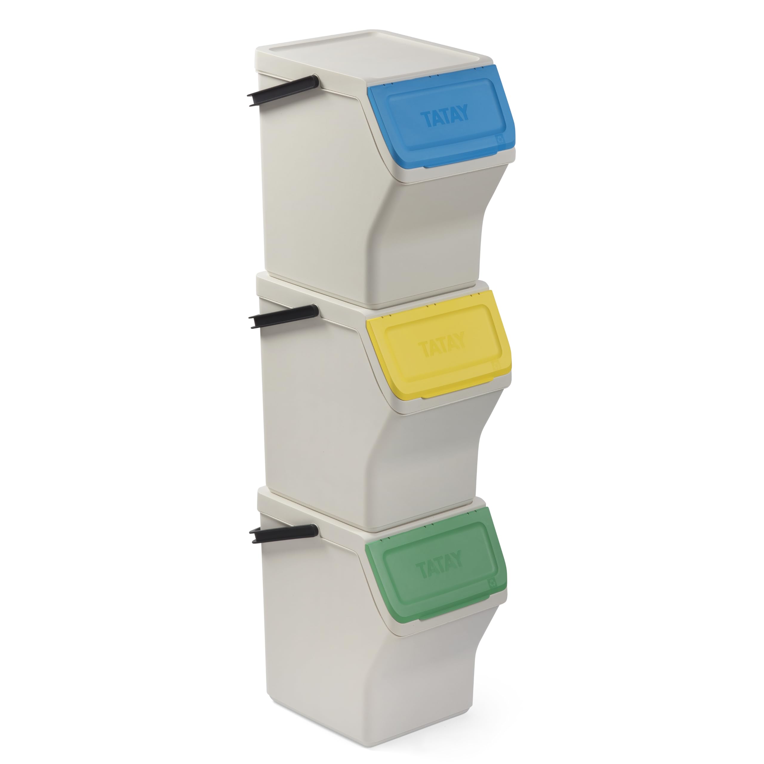 TATAY Recycling Kitchen Bin Easy Waste 20L | Set of 3 | Stackable Recycling Bins Modular Design | Click-Lid System | Integrated Carry Handle | Made from Recycled Material | 35x27x36 cm – White