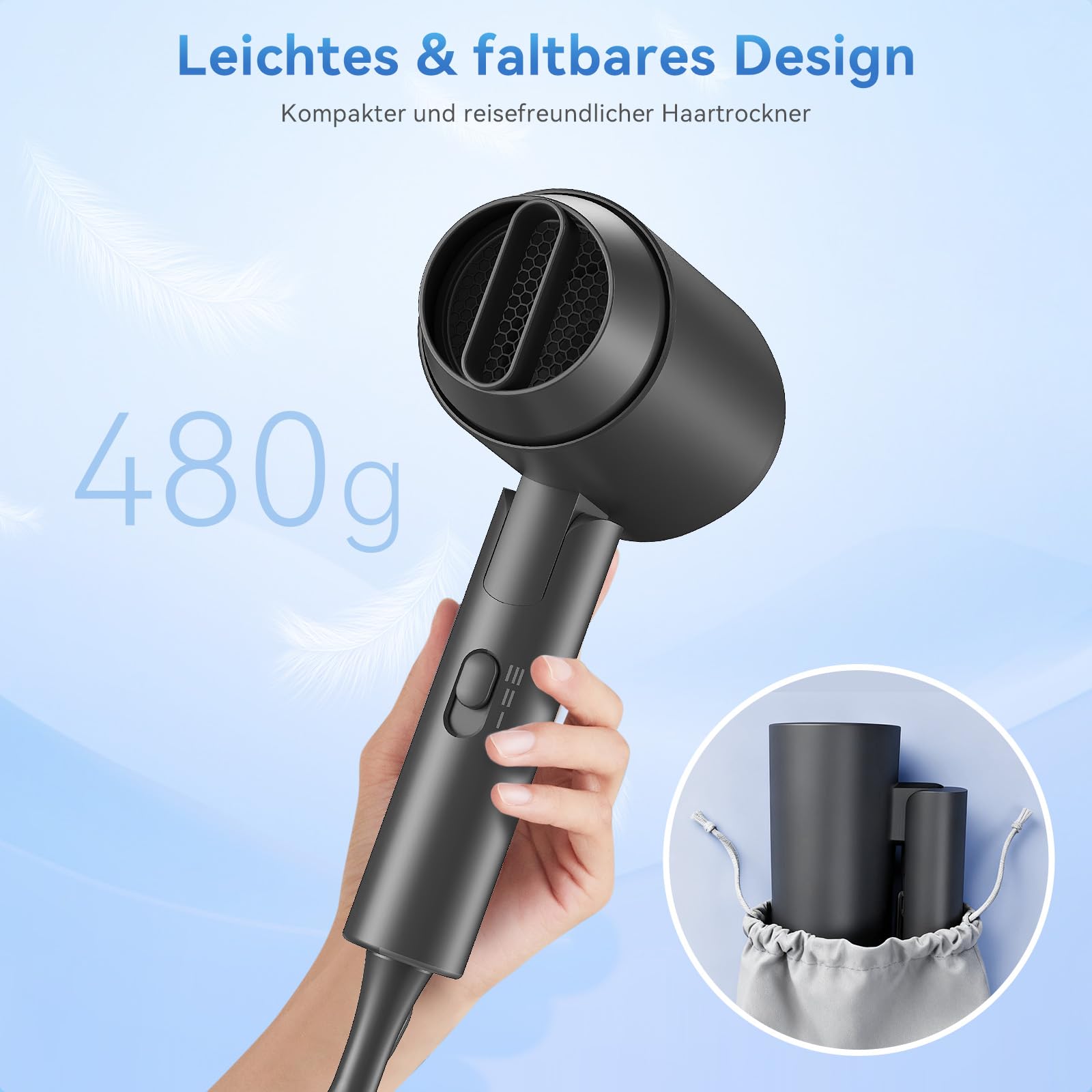 Secador de pelo profesional de 1800 W, plegable y ligero, potente secador rápido con 3 niveles de temperatura, secador de iones para cabello brillante, secador de pelo silencioso para casa y viajes