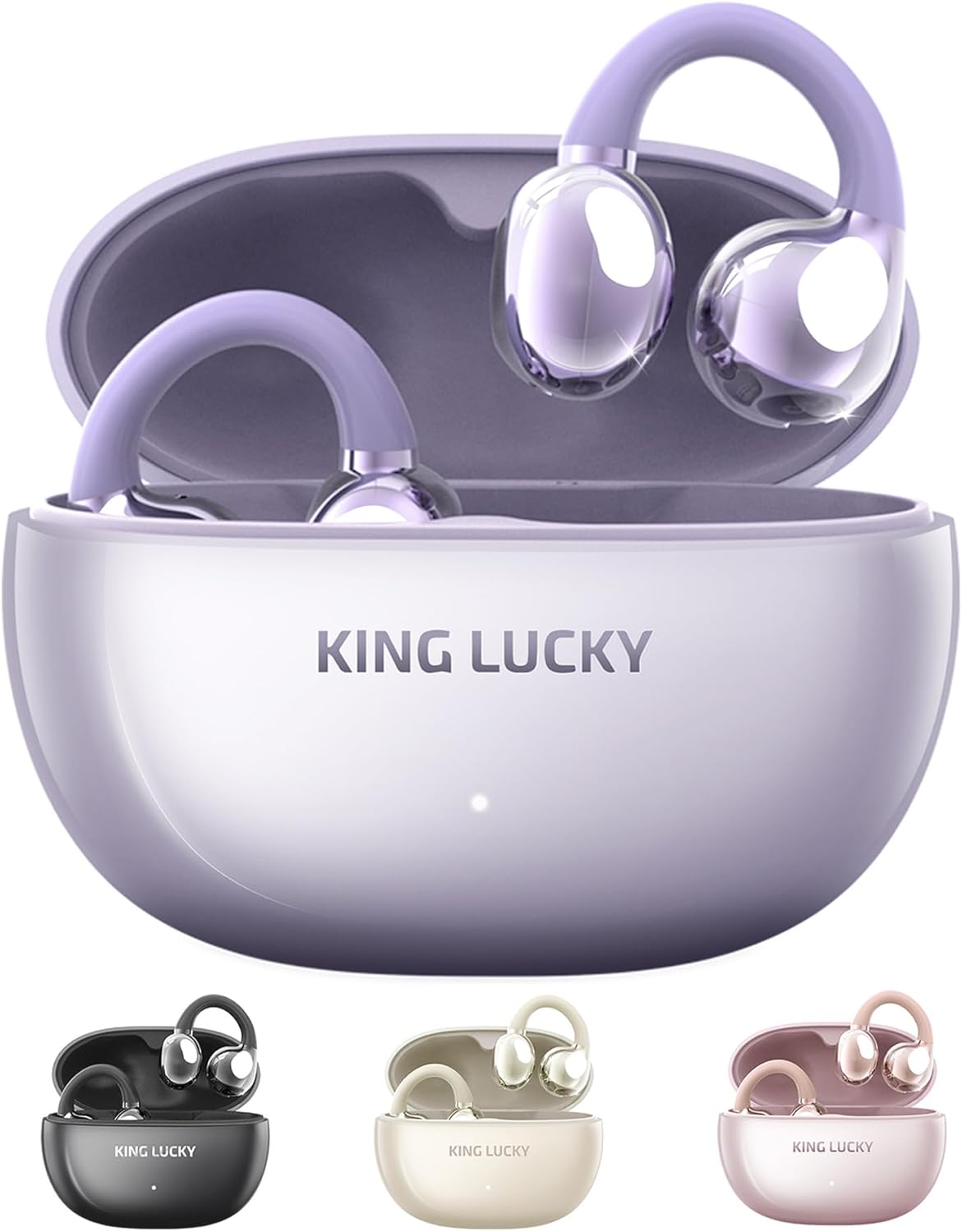 King Lucky Clip on Earbuds Open Ear Wireless Bluetooth 5.4 Headphones with Mic,50H Play,Noise Cancelling,Waterproof,Sports Ear Buds,Comfortable for Small Ears & Glasses Wearers,Workouts (Purple)