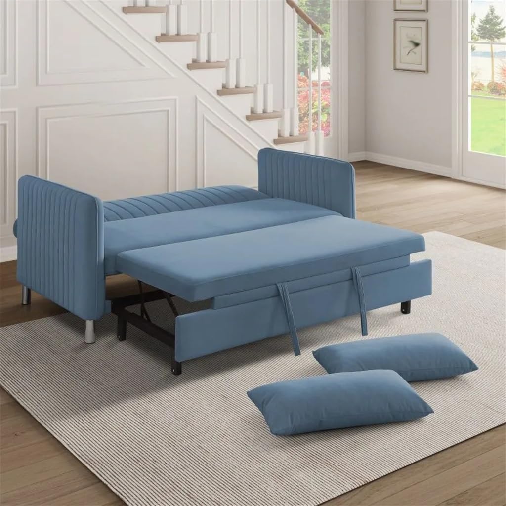 Convertible Sofa Bed with Pillows Velvet Upholstered Metal Feet Versatile Living Room Furniture