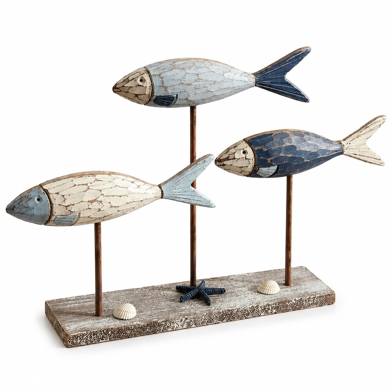 Mediterranean Wooden Fish Decor Coastal Nautical Tabletop Sculpture