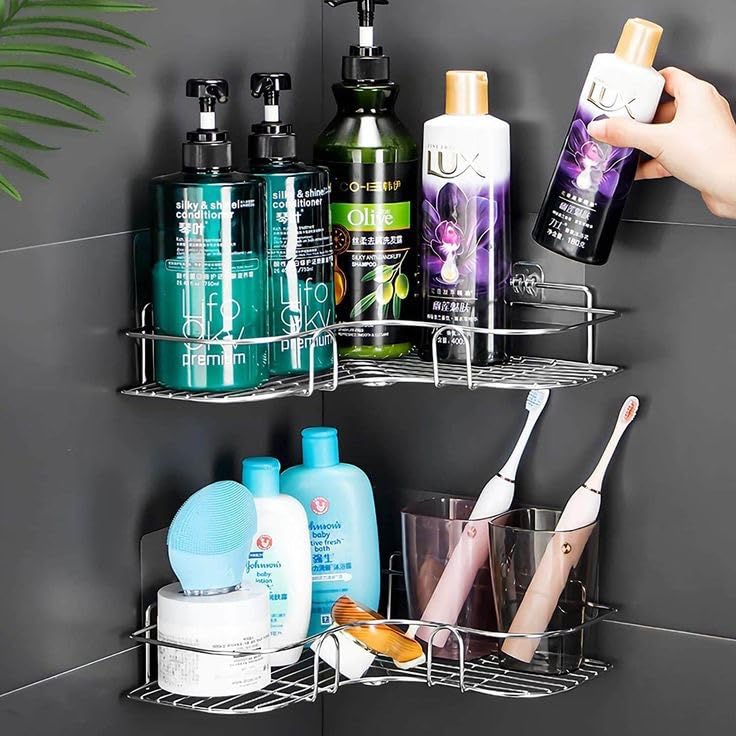 Oslen Stainless Steel Multipurpose Bathroom/Kitchen Corner Storage Organizer Wall Mounted Rack Bathroom Accessories Storage Rack (No Drilling - Shelf Adhesive) (Pack of 1) (B0CRPC9Z68) Amazon Price History, Amazon Price Tracker