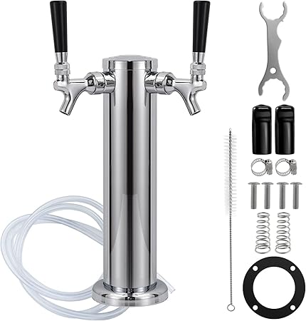 FERRODAY Kegerator Tower Dual Faucet Beer Tower Double Tap Beer Tower Dispenser Beer Tap Kegerator Parts Stainless Steel Tower Brass Faucet Stainless Core Pre-assembled Lines 3" Keg Tower Beer Keg Tap