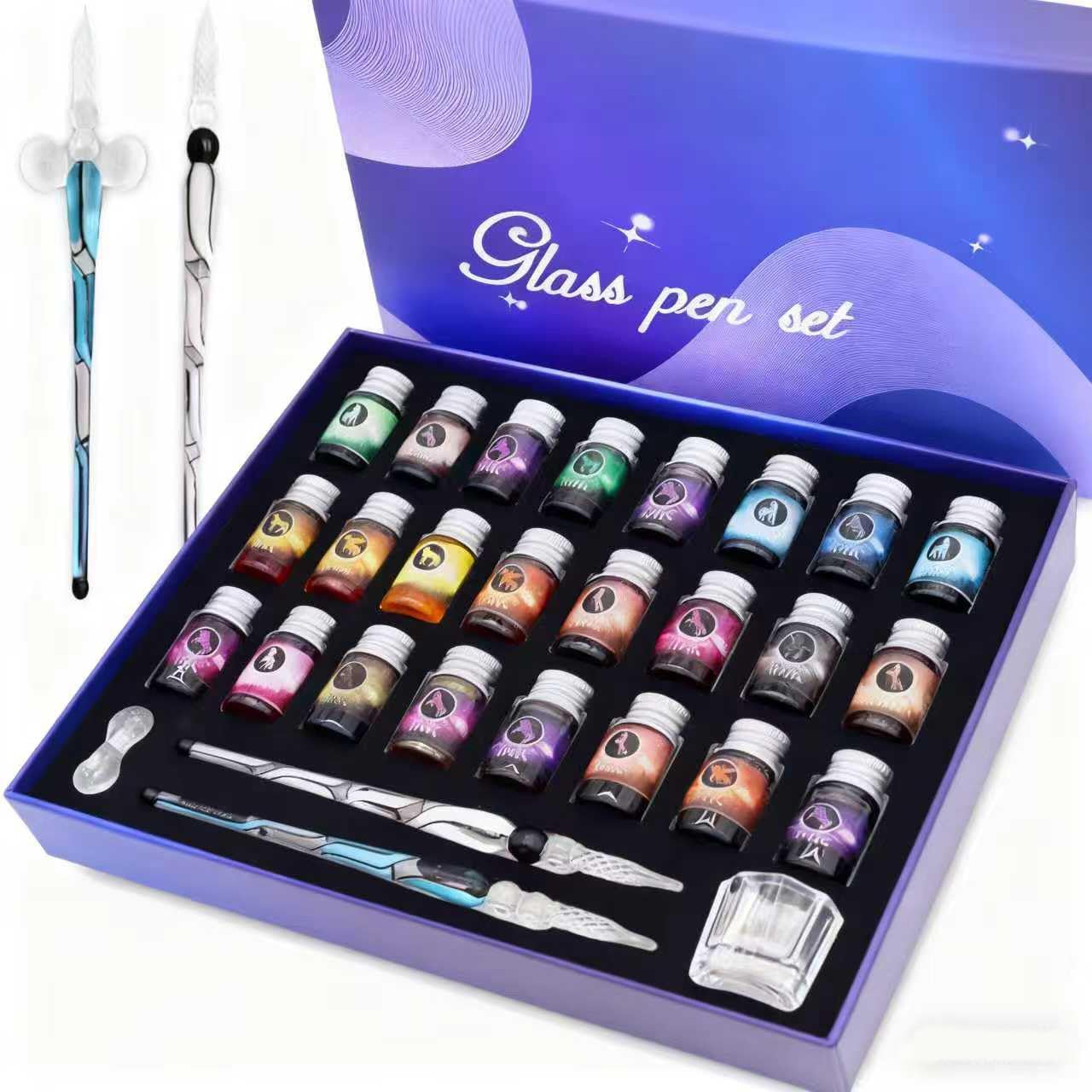 Glass Dipped Pen Ink Set Handmade Crystal Calligraphy Pen with 24Colorful india ink for Art, Signatures, Drawing, Decoration, Caligraphy Kits for Beginners