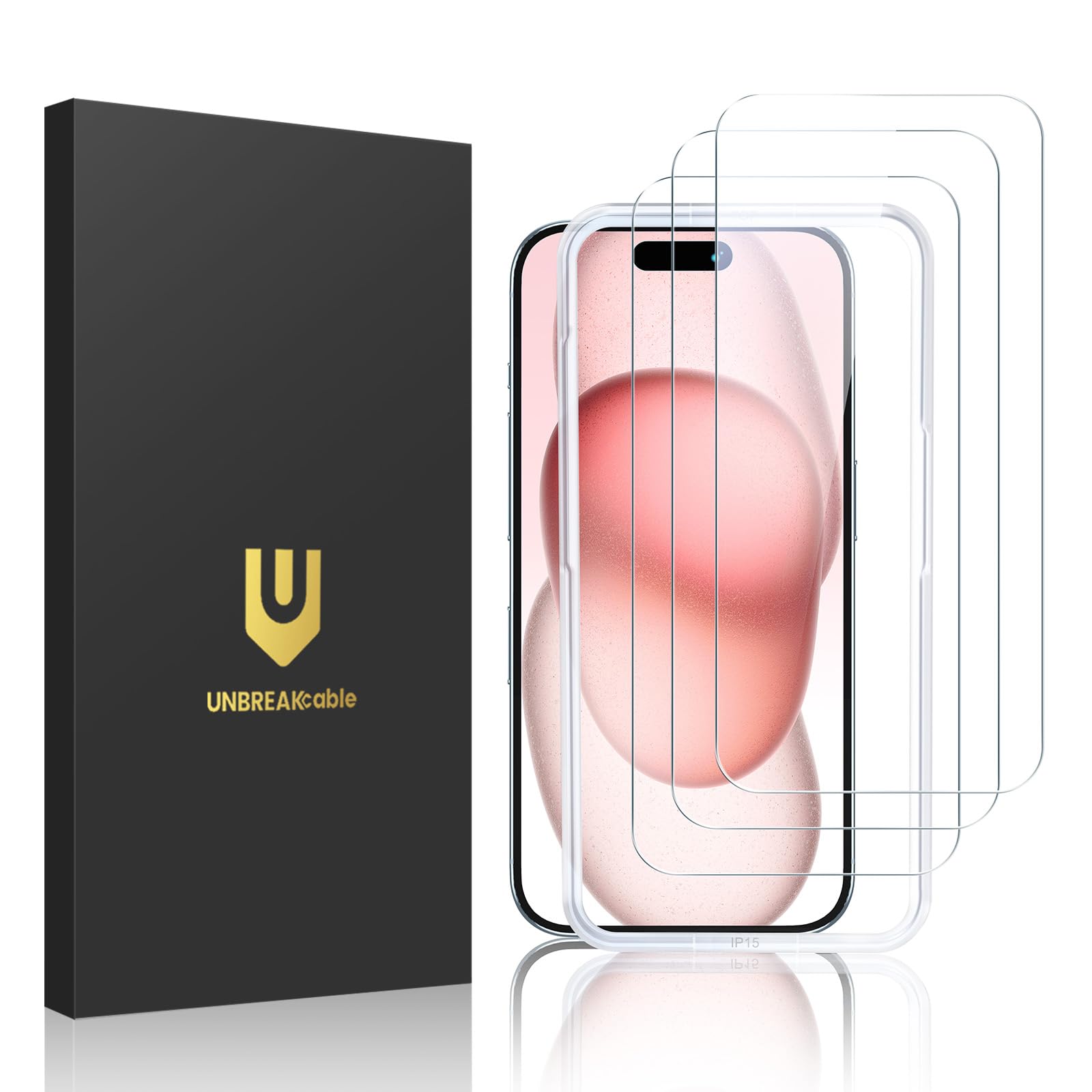 UNBREAKcable für iPhone 15 Panzer Schutz Glas [3er Pack], 9H Härte Schutzfolie, Einfache Installationshalterung Panzerfolie, Blasenfrei für Apple 6,1" Displayschutzfolie