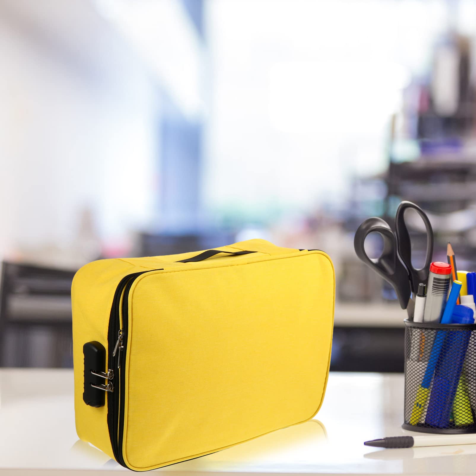 Healvian Pouch Documenti Capiente Multifunzione con Doppia Zip e Lucchetto | Tessuto Cationico Giallo, Tasche Multiple Ordinate, Facile da Sollevare per Viaggio e Carte