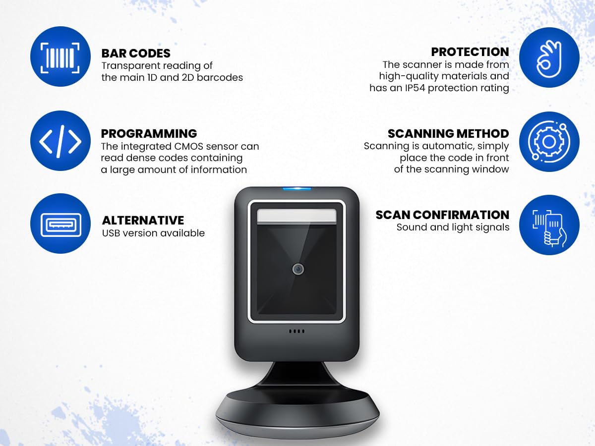 HDWR HD-S63-RS232 Barcode-Scanner QR 1D 2D, RS232, Auto-Sense, IP54 | Multi-OS, automatischer Sensor, staubgeschützt, für Kassensysteme mit serieller Schnittstelle