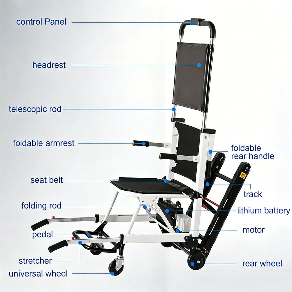 Silla de Ruedas eléctrica para Subir escaleras, Silla elevadora Plegable de Aluminio, batería 24V/13Ah, orugas de Goma, Silla de evacuación portátil para Ancianos y discapacitados,Negro