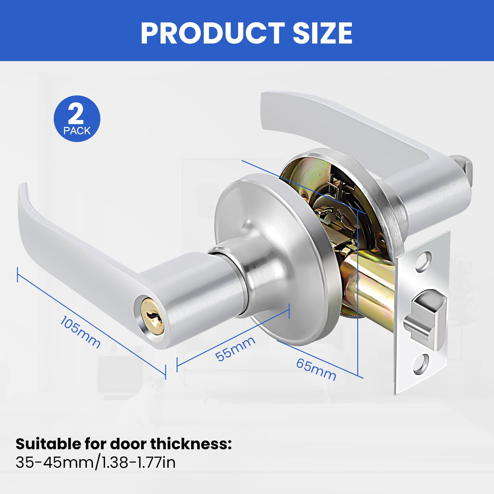 Door Handle Lock with Keys, Door Lock for Interior with Adjustable Latch (2 Pcs), Silver - Image 2