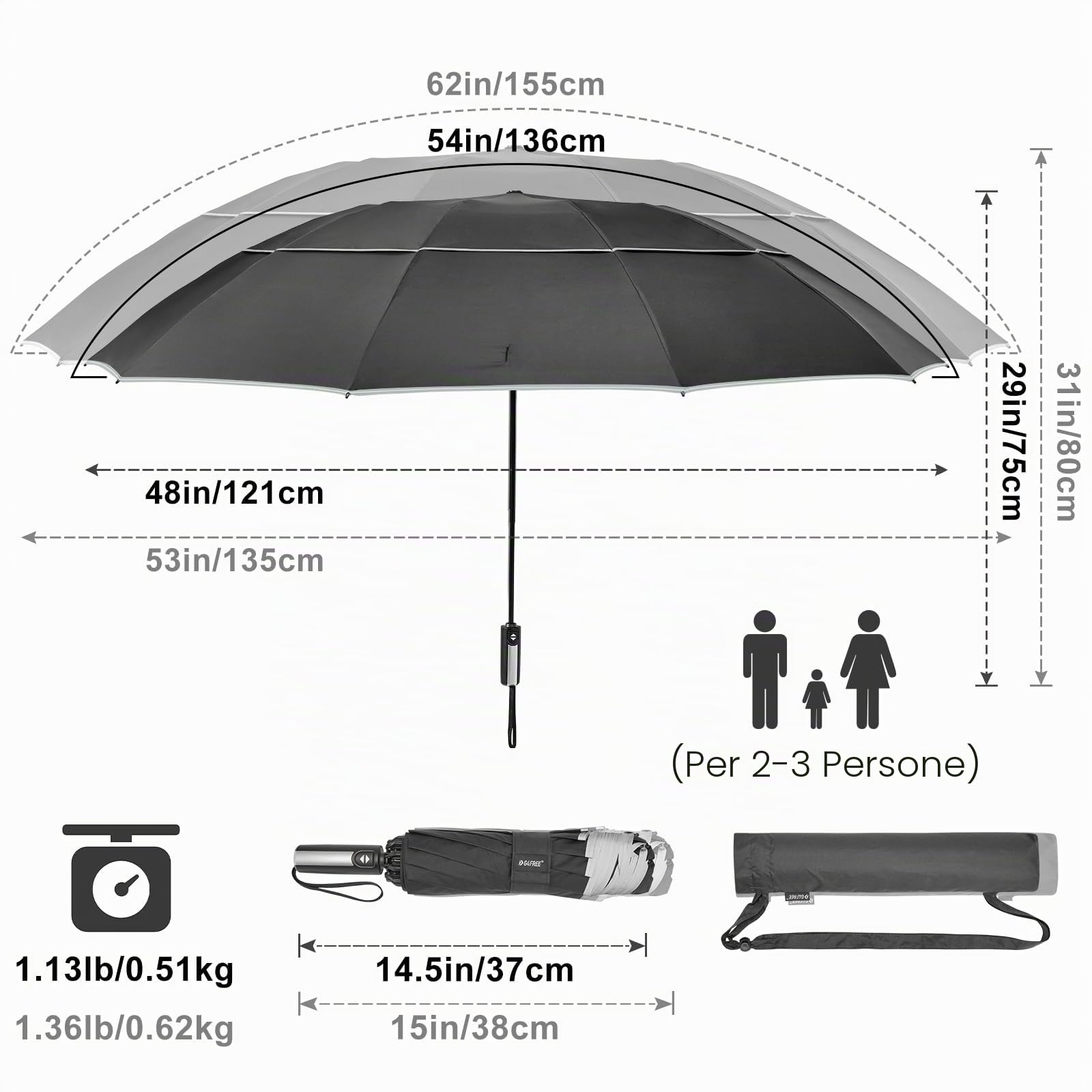 G4Free Ombrello pieghevole da 157 cm, con striscia riflettente, 10 stecche, grande, da viaggio, compatto, invertito, antivento, doppia copertura, apertura automatica e chiusura