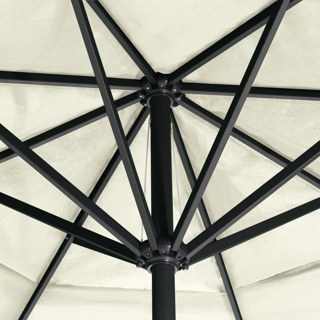 Parasol ogrodowy 600 cm z aluminiowym słupkiem i tkaniną poliestrową UV w kolorze piaskowo-białym, parasol przeciwsłoneczny z krzyżową podstawą i systemem korby, wodoodporny i trwały do użytku