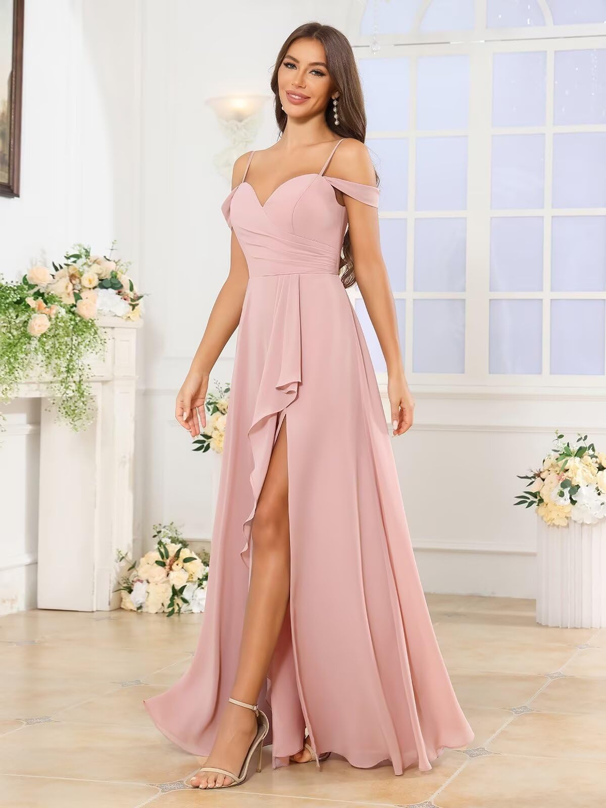 Damen Off The Shoulder Brautjungfernkleider Lang - Spaghettiträgern V-Ausschnitt Abendkleider Hochzeitsgäste Maxi Festkleid Für Hochzeit