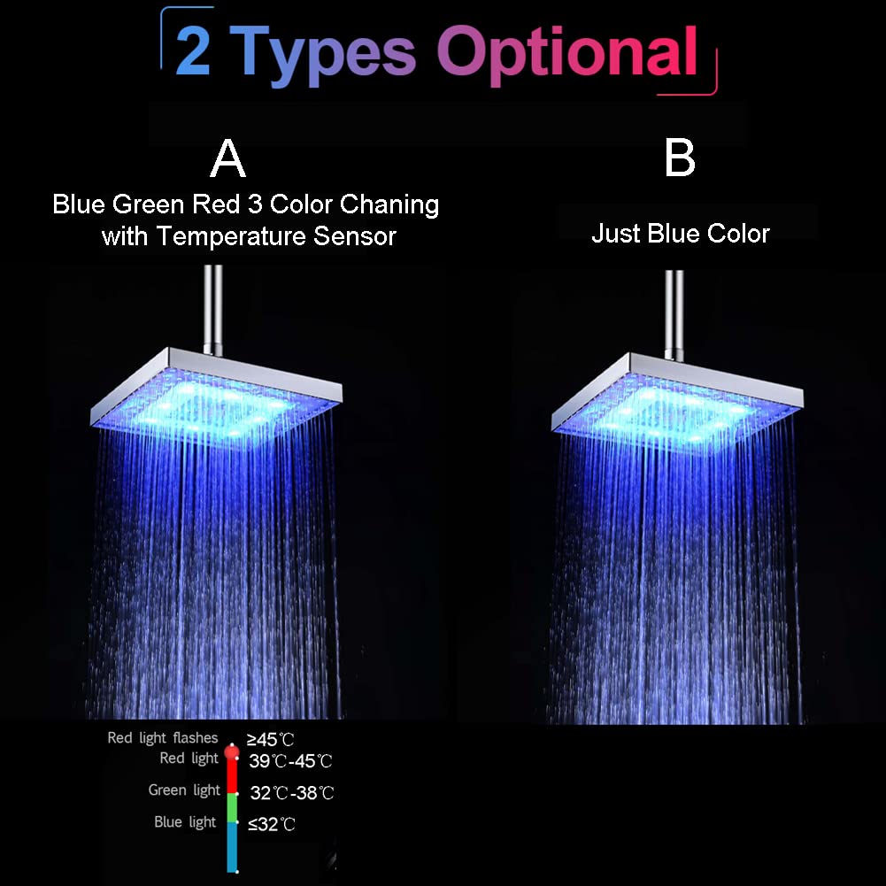 Chesoon Soffione doccia a LED Soffione Doccia a pioggia a risparmio idrico Quadrato ABS cromato facile da installare per il bagno (blu)