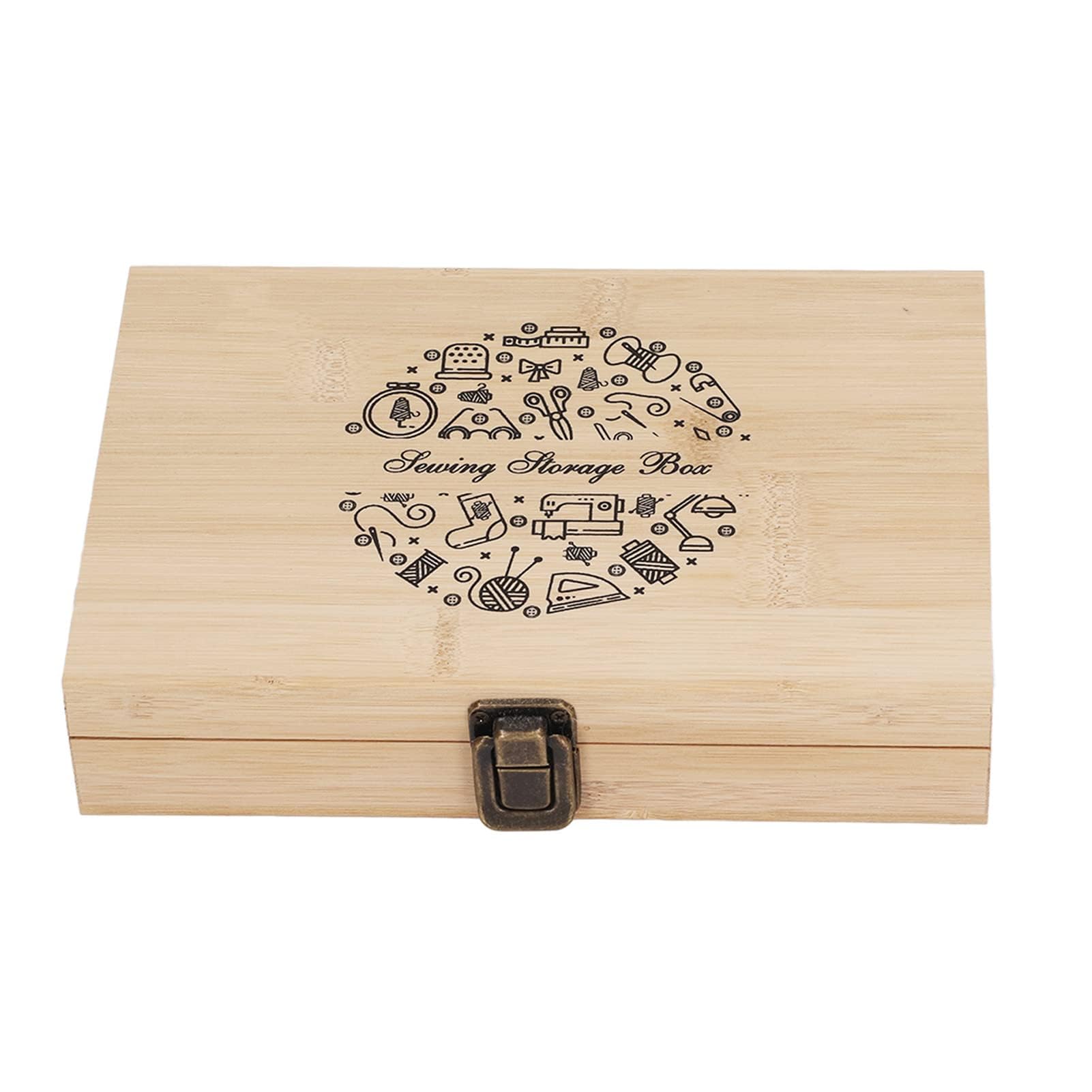 Kit de costura completo de madera con almacenamiento de doble capa, tijeras de acero inoxidable, alfileres, botones, hebillas, dedal, enhebrador y cinta métrica, ideal para
