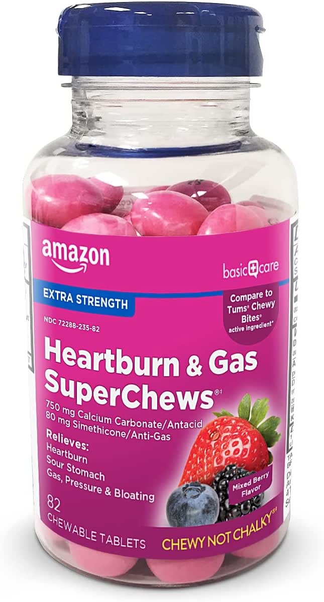 Amazon Basic Care Heartburn & Gas SuperChews Chewable Tablets, Fast-Acting Relief, Mixed Berry, 82 Count (Previously SoundHealth)