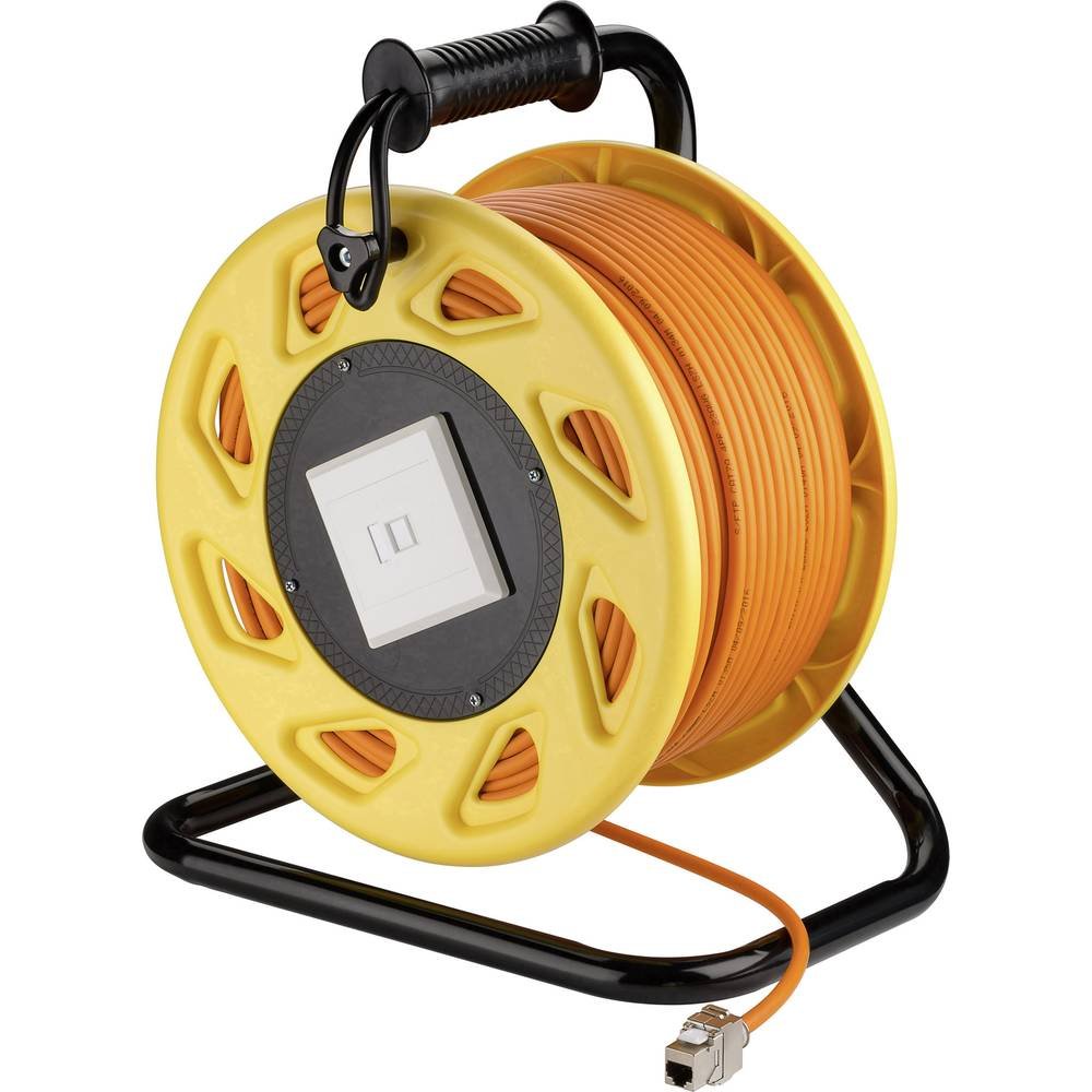 goobay 58938 Cat 7 Cable reseau Ethernet/Enrouleur de câble réseau Mobil - S/FTP - 1000 MHz Rj45 / rallonge Cable ethernet/Câble d'installation sur Enrouleur/Orange / 90 mètre