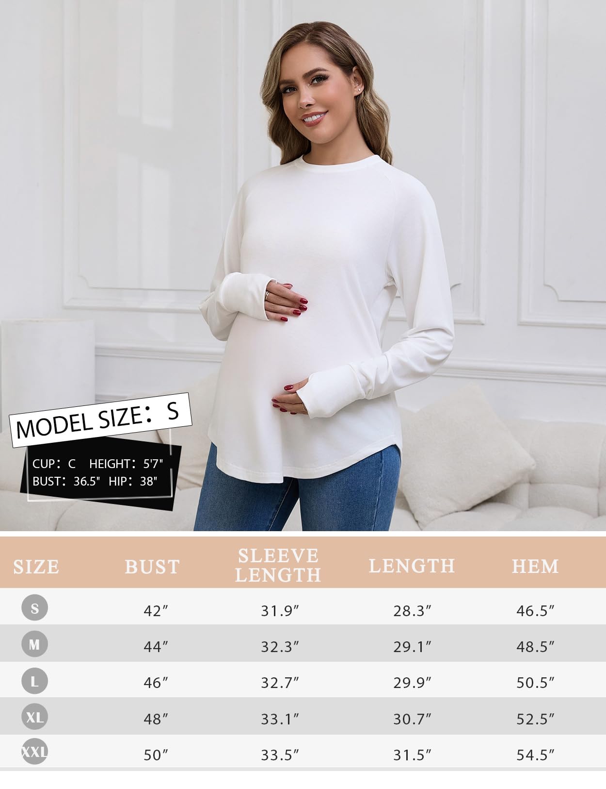 Bhome Camicette premaman, confezione da 3 pezzi, a maniche lunghe, per gravidanza, vestibilità ampia, casual, con fori per i pollici