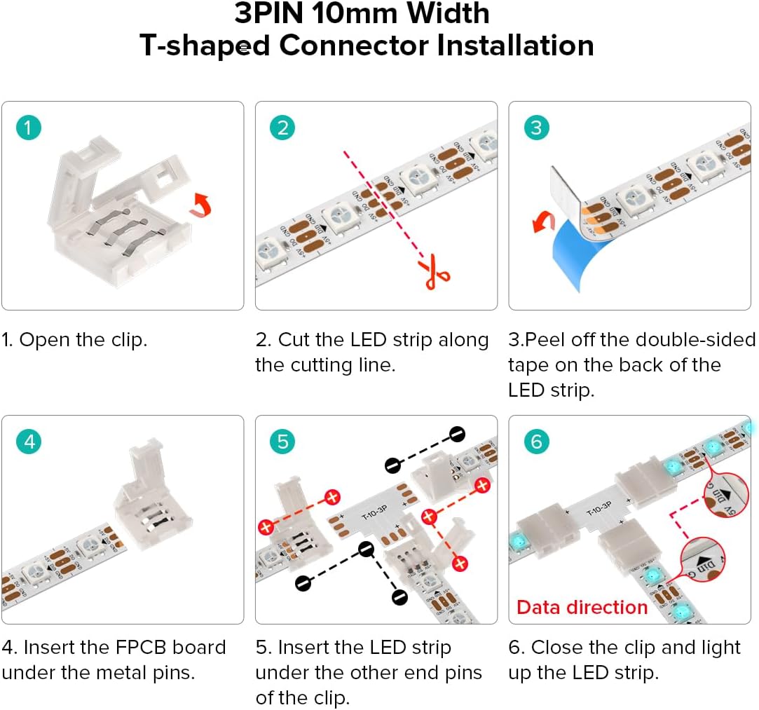 BTF-LIGHTING 3Pin 10mm SMD LED Connector Kit 3 Pin L Splitter Right Angle Corner,T Shape Connector,Solderless Gapless Connector, Strip to Strip Jumper Wires for WS2812 WS2811 SK6812 SMD Lights - Image 5