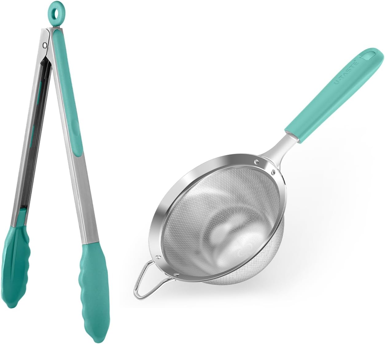 U-Taste 600ºF Heat Resistant Food Grade Non Stick Firm Cooking Tongs (12 in), and 18/8 Stainless Steel 4.73in Medium Fine Mesh Strainer with Sturdy Riveted Silicone Handle and Strong Frame (Aqua Sky)