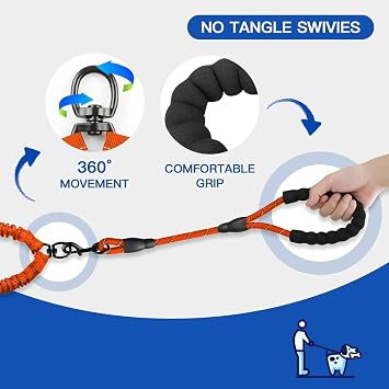 MingXpets Double Dog Leash, Dual Dog Leash, 360 Swivel Tangle Free Bungee Walking Training for Large Medium Dogs, Shock Absorbing Bungee Reflective for Two Dogs, 18~120 lbs, Orange