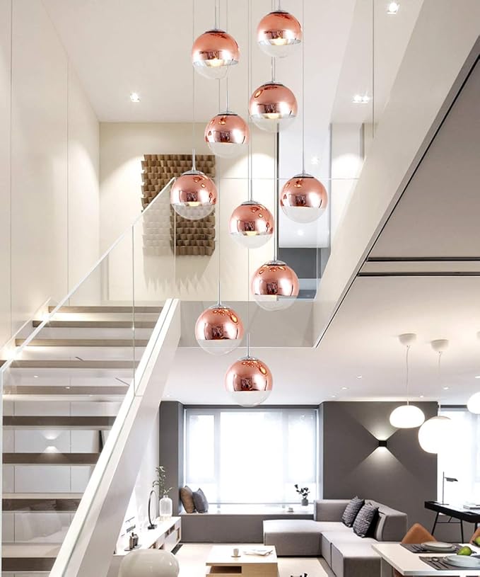 Mzhch lamp 10 lampen minimalistische trap lange kroonluchter 40 x 200 cm duplex holle woonkamer loft kroonluchter modern creatief hotel villa stairwell hoge plafond hangend licht roze goud glazen bol photo 3