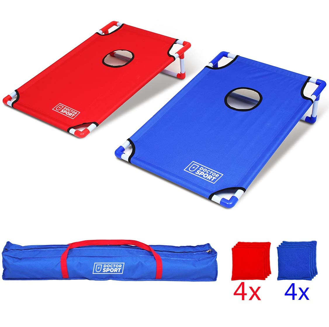 Set doppio Cornhole blu-rosso con borsa per il trasporto, 8 bean bags, cloruro di polivinile (PVC), 6 kg, gioco americano, completo per interni ed esterni