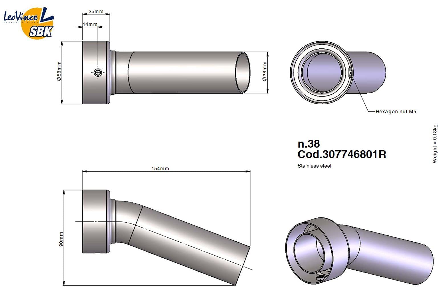 LeoVince SBK db-Eater dB-Killer No38 Länge 154mm Durchmesser 58mm/38mm Edelstahl