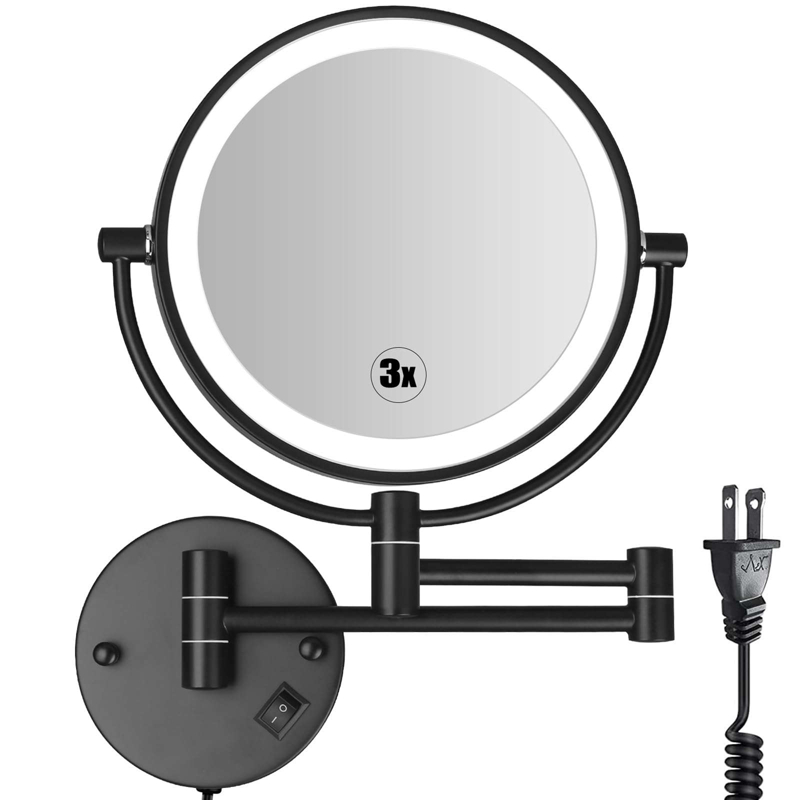 SanaWell Makeup Mirror with Lights and Magnification 3X/1X, 8 Inch Double Sided Wall Mounted Mirror [One Button Switch], Extendable Arm 360° Swivel Vanity Mirror Powered by Plug-in AC Cord (Black)