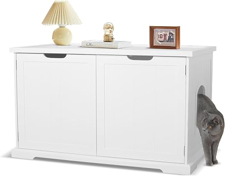 Zoovilla Cat Litter Box Enclosure, Original Cat Washroom Bench, Hidden, Wooden Cabinet with Divider, White