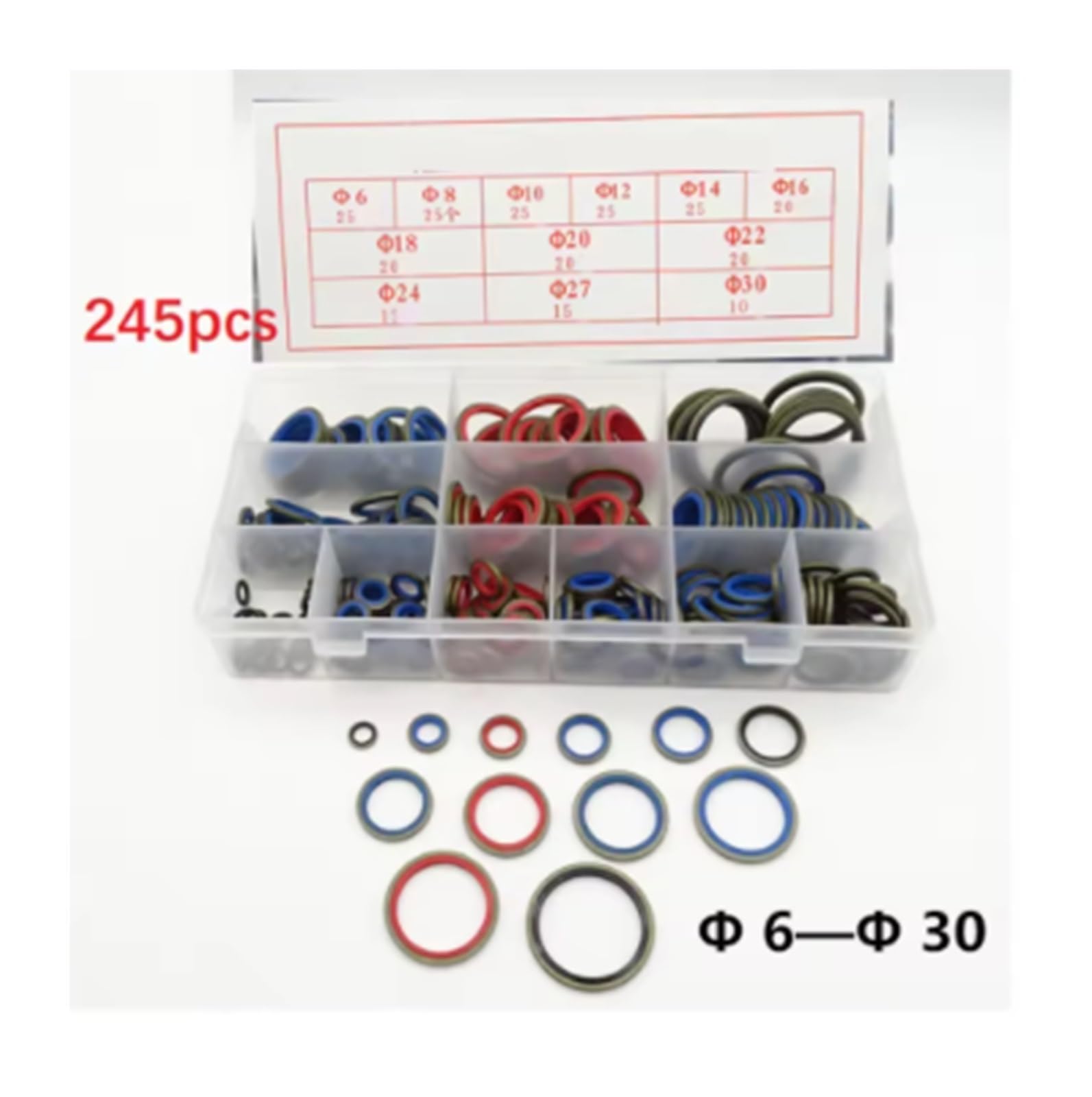 Kits surtidos de juntas tóricas caucho silicona | M6-M30Juego de juntas de sellado surtidas con sello de arandela(245pcs)