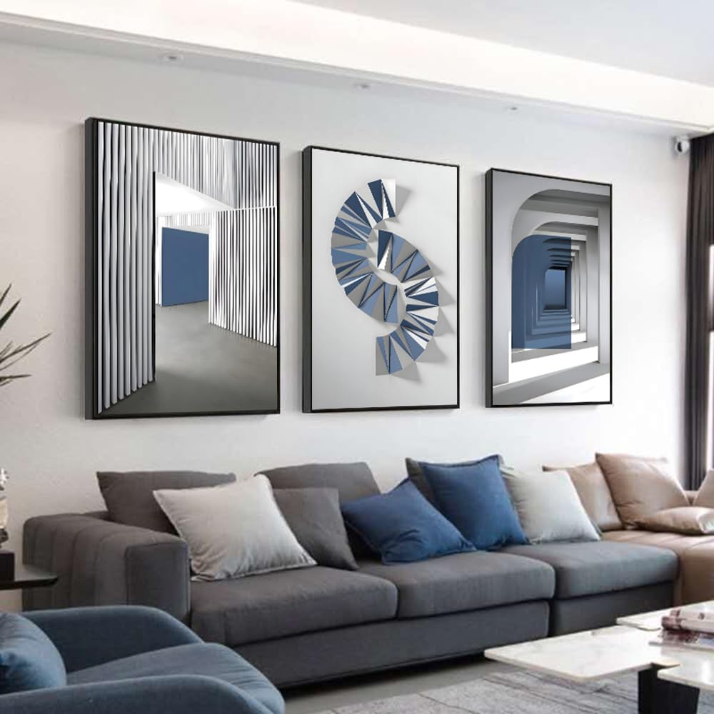 ARTFEB Blue Canavs Wall Art for Living Room 3 Pieces Abstract Blue and White Painting Canvas Print Framed Artwork Set for Bedroom Navy Blue Wall Decor