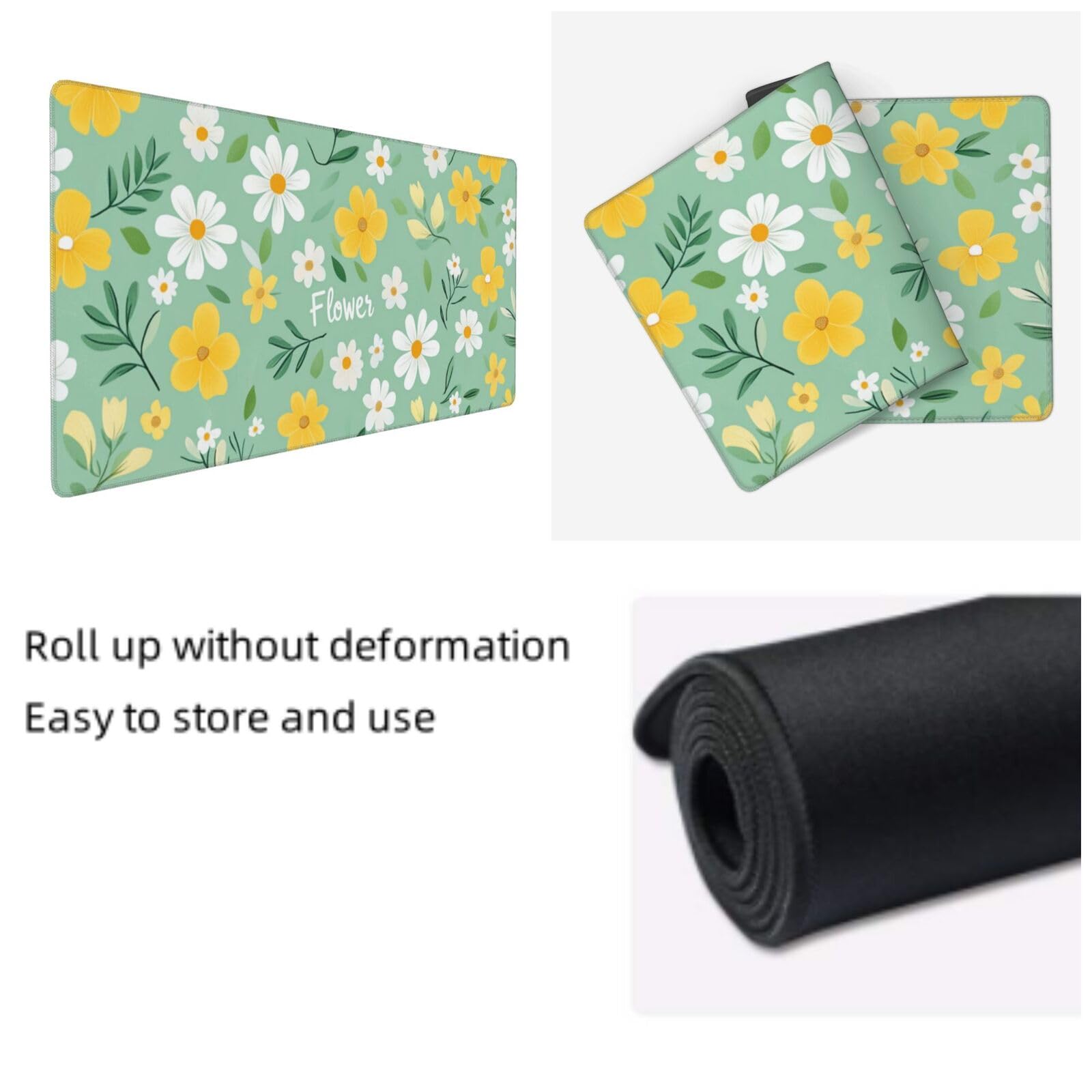 Tappetino Mouse XXL Fiore & Giallo, 100 x 50 cm Tappetino da Scrivania G512 | Tappetino per Mouse, Base in Gomma Antiscivolo, Superficie Impermeabile, Bordi Cuciti, Tappetino Scrivania per Ufficio, Gioco