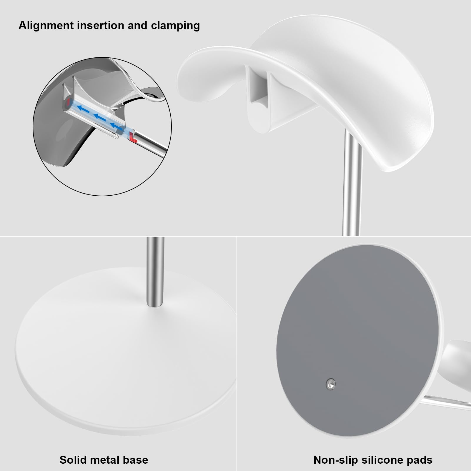 Supporto per Cuffie, Porta per cuffie da tavolo con base in alluminio, compatibile con AirPods Max, Beats, Bose, B&O, Sony, Sennheiser, Gaming (Bianco)