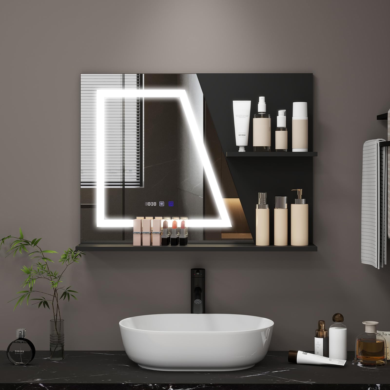 YU YUSING Specchio Bagno LED 80x60 cm con 2 Ripiani, Specchio da Parete con Led, 3 Colori, Luce Regolabili, Contro Touch, Display dell'Ora e Temperatura, Antiappannamento, IP44, Moderno, Nero