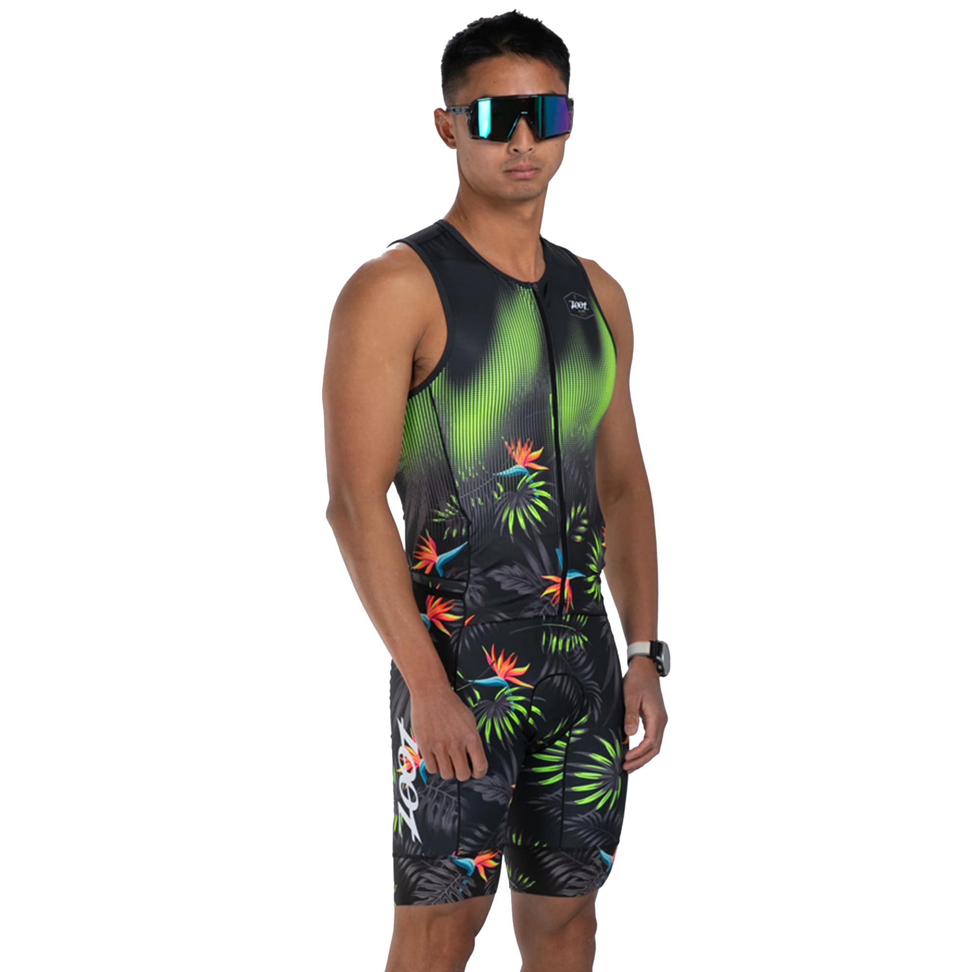 Zoot Men’s LTD Tri Aero SLVS FZ Racesuit, Sleeveless Aerodynamic Cycle Swim Bike Run Tri Suit with Chamois, Pockets, UPF 50+ - Tropical Magic - Medium