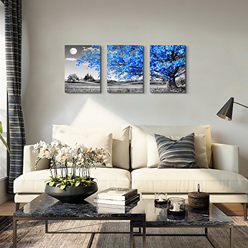 Image of TTHWALLART Wall Art For Living Room black and white Blue tree moon Canvas Wall Decor for Home artwork huge Painting 16 inch x 24 inch 3 Pieces Canvas Print For bedroom Decor Modern Salon kitchen office Hang
