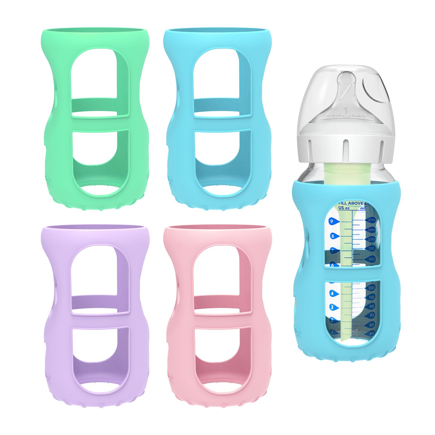 MORLIKE 4 Pack Silicone Sleeves Fit for 9 oz/270 mL Dr. Brown's Wide Neck Glass Baby Bottle, 100% Silicone Covers Protect Baby Glass Bottle, Easy to