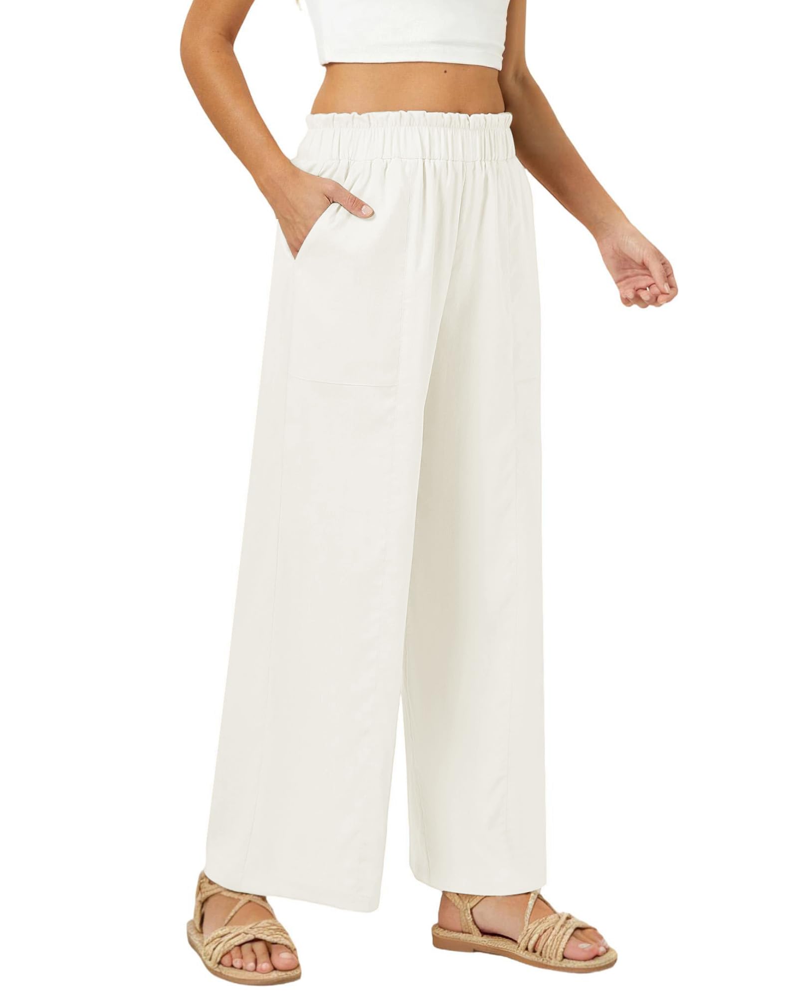SEMARO Pantalones casuales de lino para mujer, de pierna ancha, cintura alta, estilo palazzo, holgados, trajes de vacaciones en la playa 2025