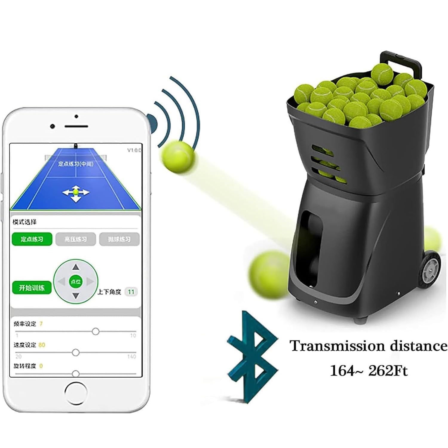 Lanciatore di palline da tennis portatile, controllato da app, con trapani pre-programmati per un allenamento efficace, adatto a tutti i livelli di abilità, ideale per la pratica e lo sviluppo delle