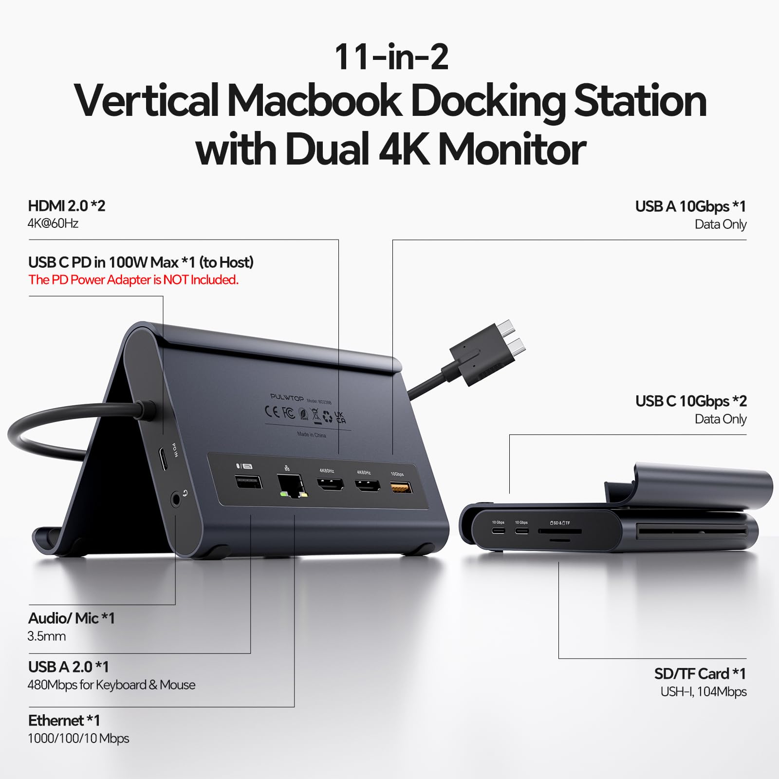 MacBook Docking Station Dual Monitor 4K@60Hz, PD 100W für Pro/Air M4/M5 | PULWTOP Docking Station USB C mit 2xHDMI, 10Gbps USB A/C, Ethernet, Audio, SD/TF, USB2.0 als MacBook Stand - Mitternacht