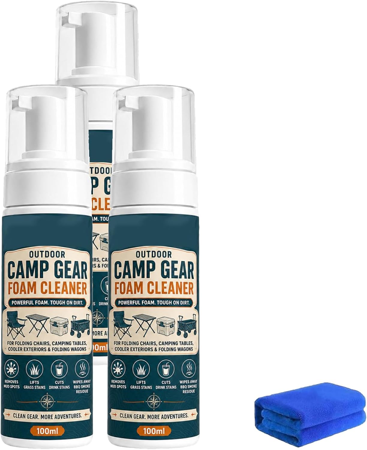 Outdoor Camp Gear Foam Cleaner with Cleaning Towel, Powerful Stain Removing Foam Spray, for Camping Chairs, Tables, Coolers & Folding Wagons,100ml *3