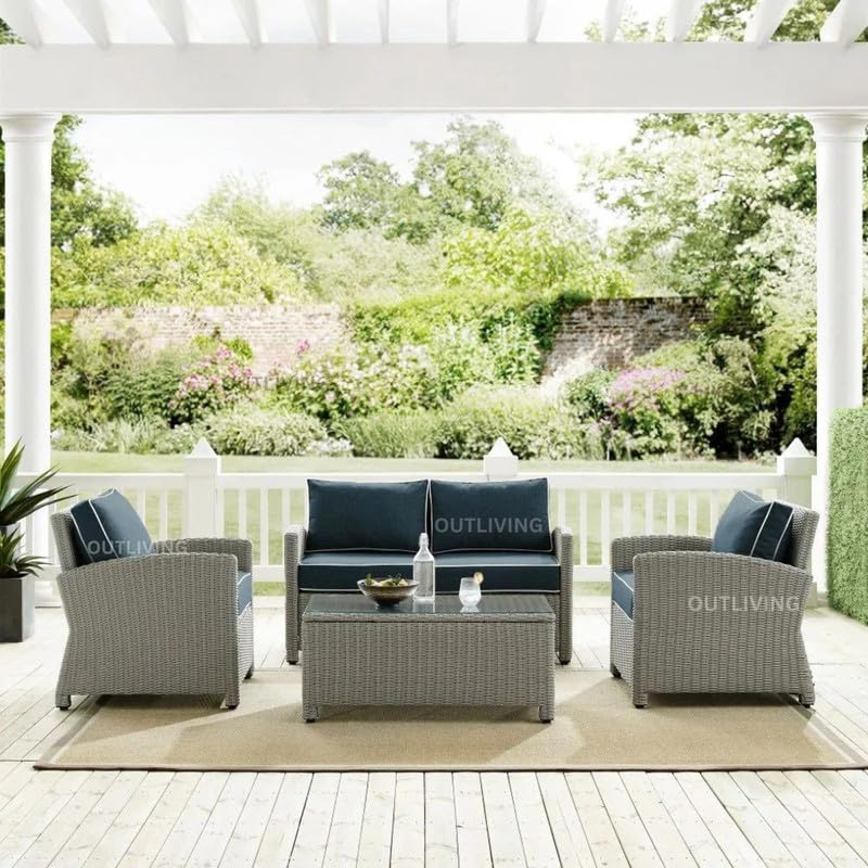 Image of OUTLIVING Rattan and Wicker Indoor Outdoor 4 Seater Sofa Set | 2+1+1 Patio Furniture Set with Cushion and Center Table | Comfortable Sofa Set for Garden Balcony Hall Living Room (Grey and Navy Blue)
