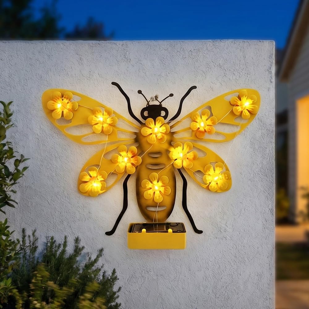 YOFHPT Solar Wall Art, Bee Solar Lights Outdoor Garden, Waterproof Metal So-lar Wall Art Outdoor Garden with LED Flower Lights, Decorative Hanging Animal Ornament for Ga-rden Patio Backyard Yard