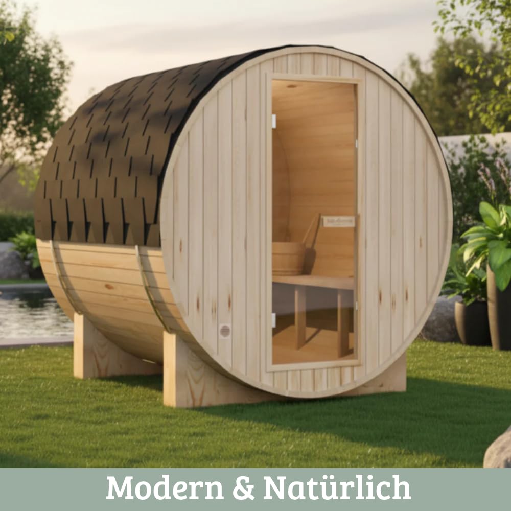 DELUKE Fasssauna Outdoor mit Elektroofen PIET für 6 Personen inkl. Saunazubehör Außensauna Gartensauna