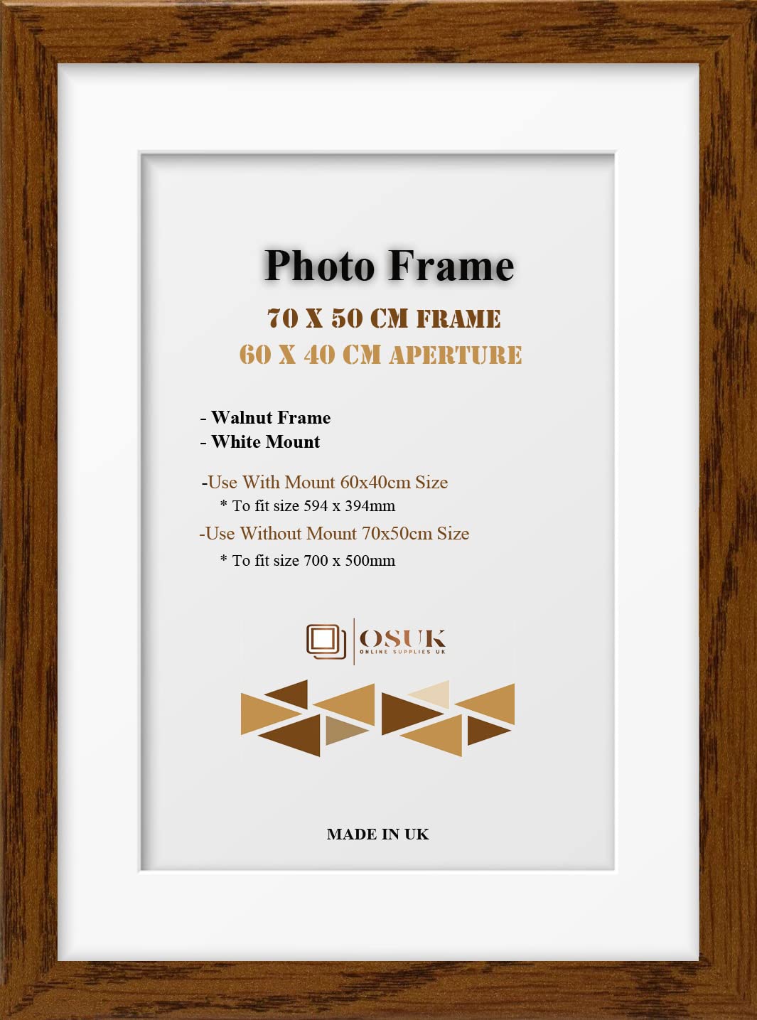 OSUK Walnut 70x50 cm Frame With 60x40 cm White Mount - Modern Photo Frames With Clear Perspex Front & Wall Mounting Poster Frame - 70 x 50cm Frames With 60 x 40cm Mounts