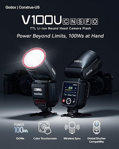 Miniatura 2 de Godox V100C - Flash de cabeza redonda en U para Canon – 100W TTL Speedlite con 2.4G inalámbrico, sincronización global de obturador 1/8000s